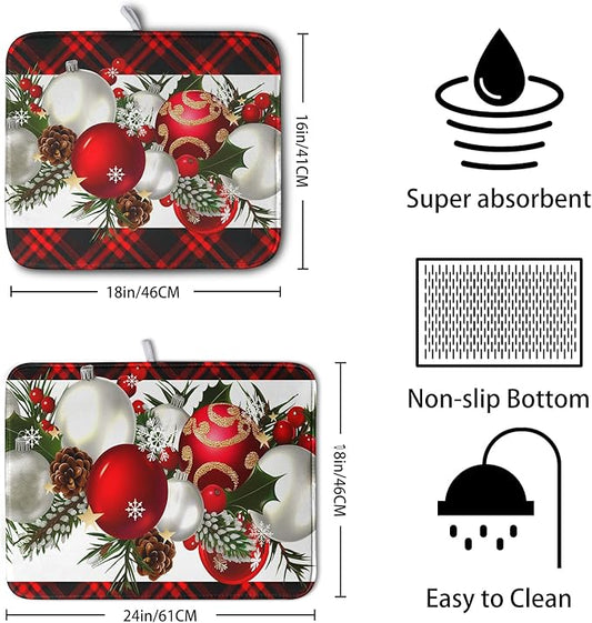 Red Buffalo Plaid Christmas Kitchen Drying Mats for Dishes Xmas Ball Snowflake Pine Cones Dish Drainer Rack Mat Winter Microfibe Absorbent Dish Drying Pad for Home Kitchen Counter Decor 18x24in