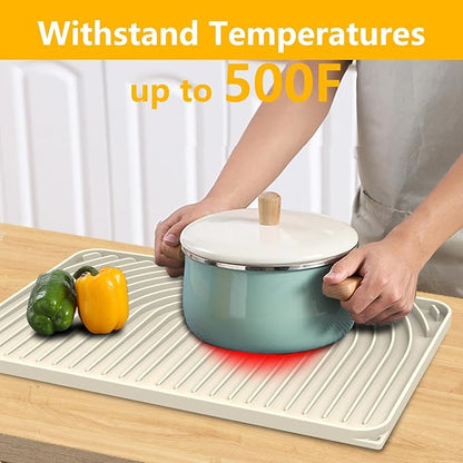 Silicone Drying Mat for Kitchen Counter , Dish Drying Rack Matt with Built in Drain, 18 Inch Dry Mats for Dishes Drying Pad for Kitchen Counter (18×12inch, cream)