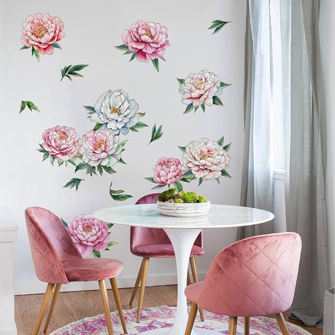 Peony Flower Wall Decal Pink Flower Plant Wall Stickers Natural Theme Peel and Stick Decor Suitable for Living Room Bedroom (Peony Flower)