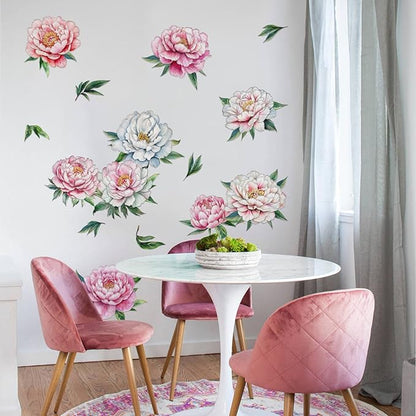 Peony Flower Wall Decal Pink Flower Plant Wall Stickers Natural Theme Peel and Stick Decor Suitable for Living Room Bedroom (Peony Flower)