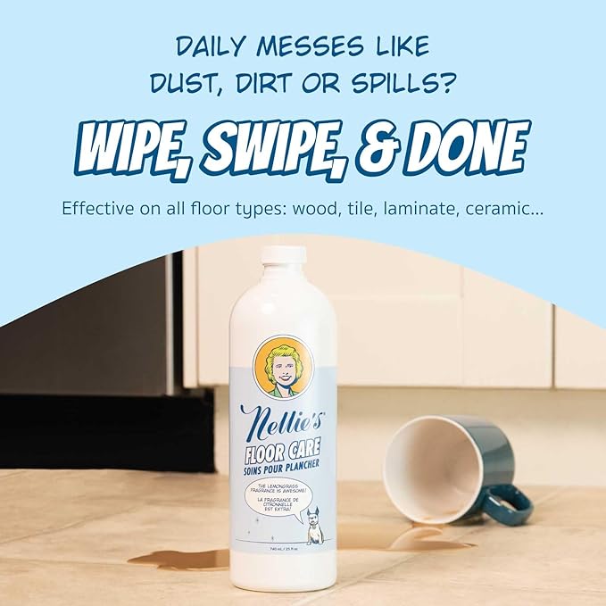 Nellie's Floor Care – Plant-Based Floor Cleaner for Hardwood, Tile, Ceramic, and More – Effectively Lifts Dirt and Odors – Fresh Lemongrass Scent (25 fl oz) - Made in Canada