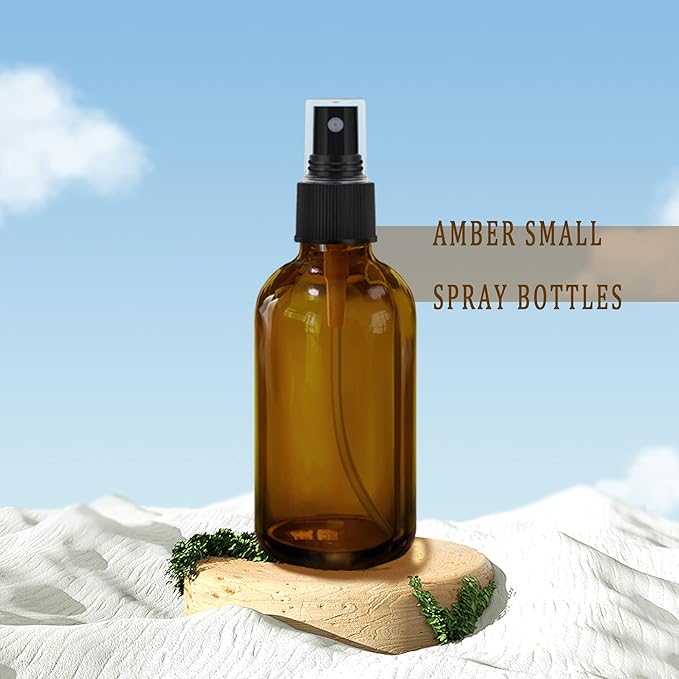 GIVAMEIHF Amber Glass Spray Bottles 4oz,Small Empty Glass Spray Bottle Fine Mist Spray Refillable Containers,Mini Travel Spray Bottles set of 4,Included 6 Sprinkler,2 Funnels,1 Droppers,8 Labels