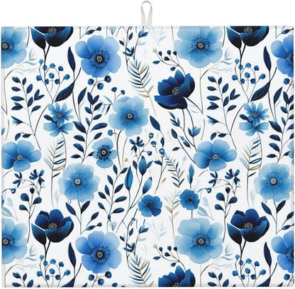 Blue White Floral Watercolor Dish Drying Mats, Absorbent Boho Blue Decorative Kitchen Counter Mat, 16" x 18", Polyester, Absorption, Foldable, for Kitchen Dishes Drainers, Small Appliances, Home Decor