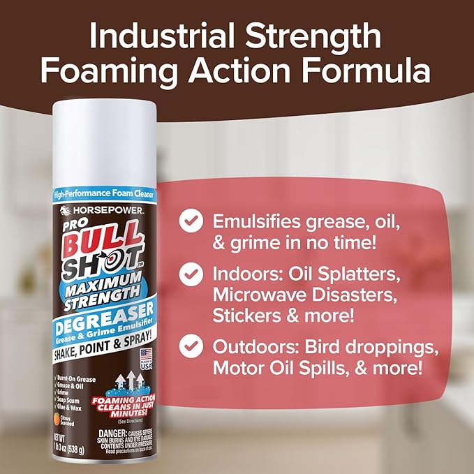 Bull Shot Degreaser Pro MAX, Super-Concentrated Foaming Degreaser & Cleaner, AS-SEEN-ON-TV, Made in USA, Shake, Point & Spray, Emulsifies Grease & Grime, Glue & Tape Residue, Oil & More