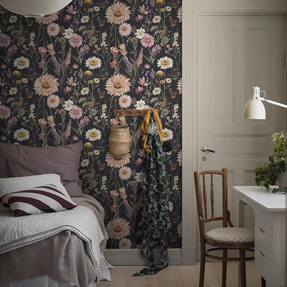 Livebor Dark Floral Peel and Stick Wallpaper Vintage Floral Contact Paper 16.9” x 118.1” Bird Flower Wallpaper Peel and Stick Boho Flower Self Adhesive Removable Wall Paper Decor for Cabinets Vinyl