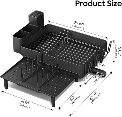 Expandable Dish Rack with Drainboard - Stainless Steel Dish Drainer with Removable Cutlery Tray, Foldable Cup Holder, Elevated Feet, Multifunctional Drainboard for Sink Countertop Kitchen Storage