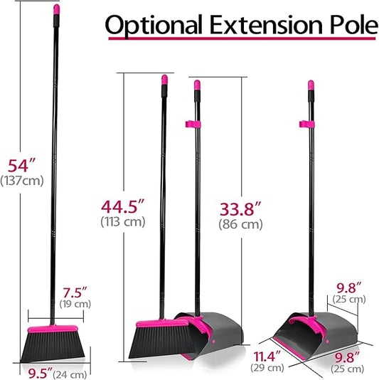 JEHONN Broom with Dustpan Combo Set, Long Handle Lightweight Indoor Broom Set, Upright Standing Dust Pan with Comb Teeth Store Sweep Set for Home Room Kitchen Office Lobby (Rose Red)