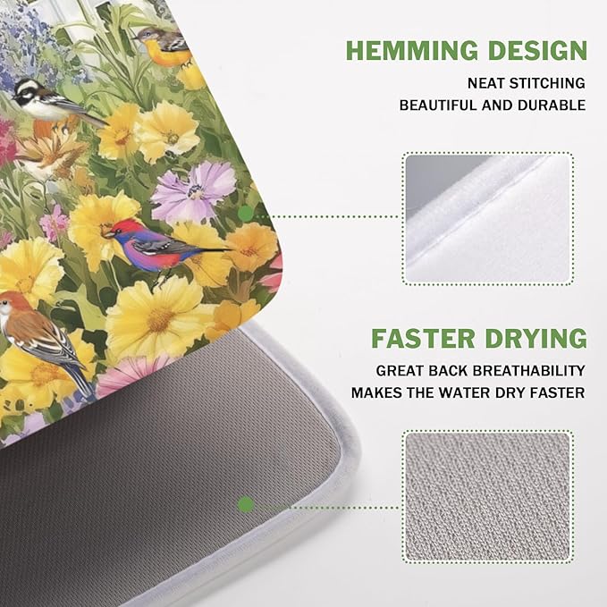 Spring Summer Floral Birds Dish Drying Mat for Kitchen Counter Colorful Garden Pattern Drying Mat 16x18 Inch Rustic Farmhouse Absorbent Dish Drainer Mat Kitchen Accessories