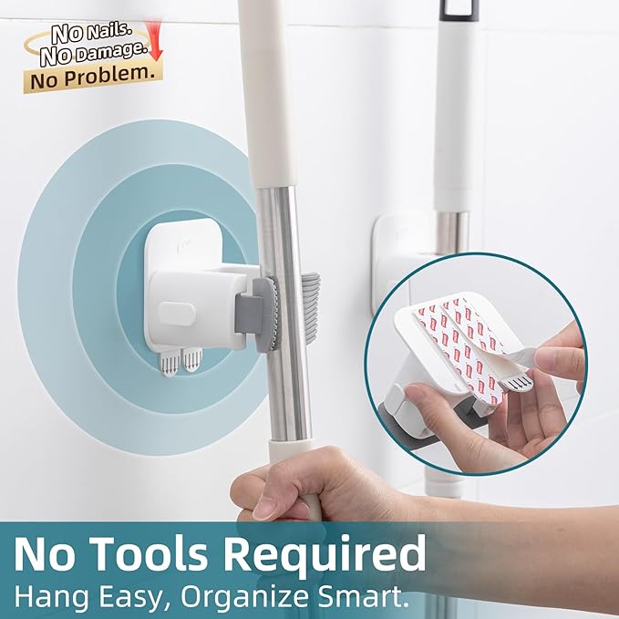 TAILI Mop and Broom Holder Wall Mount Grippers, 2 Hangers and 6 Adhesive Strips, Damage Free Hanging Wall Mount, Household Cleaning Organizer for Organization and Storage, Holds up to 4 lbs, Grey