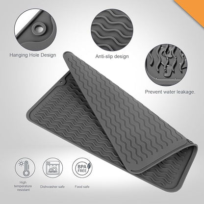 Silicone Dish Drying Mat, Easy Clean, Eco-Friendly, Heat-Resistant, Grey, Food-Grade Silicone Dish Drying Mat for Kitchen Counter, Dishes, Refrigerator or Drawer Liner (16” x 12”)
