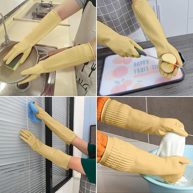 Reusable Rubber Cleaning Gloves - Waterproof, Non-Slip 15" Long Cuff Kitchen Gloves for Dishwashing, 3 Pairs (Yellow, Red, Green), Medium