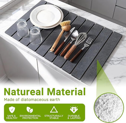 Large Stone Dish Drying Mat for Kitchen Counter, Foldable Diatomaceous Earth Drying Mat, Quick Water Absorbing Eco-Friendly Mat for Dishes, Dark Gray