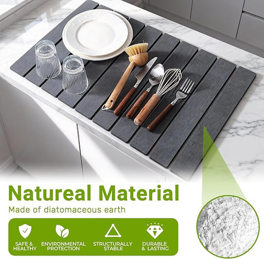 Large Stone Dish Drying Mat for Kitchen Counter, Foldable Diatomaceous Earth Drying Mat, Quick Water Absorbing Eco-Friendly Mat for Dishes, Dark Gray