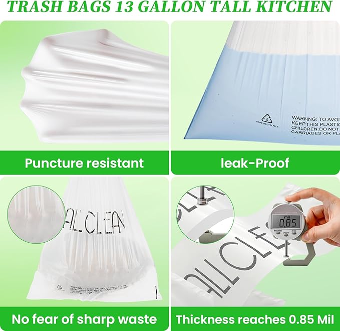 Trash Bags 13 Gallon Tall Kitchen Drawstring Garbage Bags,Fit 13 Gal Bins,Heavy Duty Tear&Leak Resistant Unscented Recyclable Trash Can Liners for Home Office Bathroom Garden Garage Outdoor
