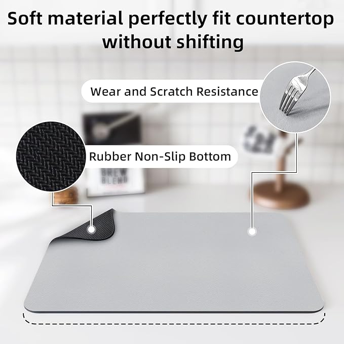 LOPNUR Kitchen Dish Drying Mat, 24"x16" Dish Drying Mats for Kitchen Counter, Diatomite Coffee Mat, Super Absorbent Dish Drying Pad, Heat Resistant Mat with Anti-slip Rubber Backed, Light Grey
