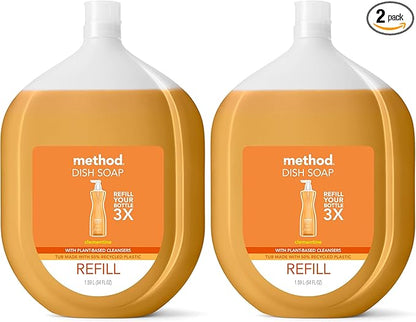 Method Gel Dish Soap, Refill, Clementine, Recylable Bottle, Biodegradable formula, 54 Fl Oz (Pack of 2)