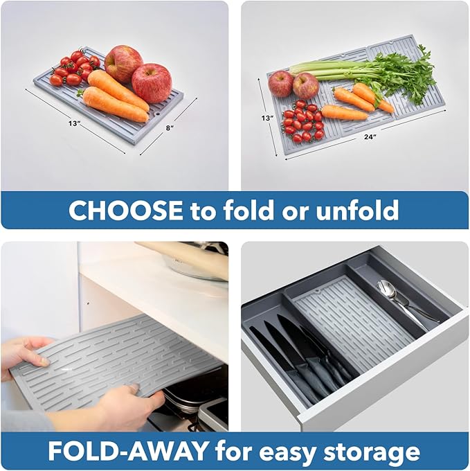BTH 24" Extra Wide Foldable Dish Drying Mat for Kitchen Countertop, Made In Korea, Heat-resistant Premium Non-slip Silicone Mat, Large Dish Drainer Mat, Compact Folding Sink Liner Dishwasher Safe