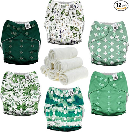 Mama Koala 3.0 Pocket Cloth Diapers for Babies with AWJ Lining, 6 Pack with 6 4-Layer Natural Cloth Diaper Inserts - Reusable and Washable Pocket Diapers (Love Green)