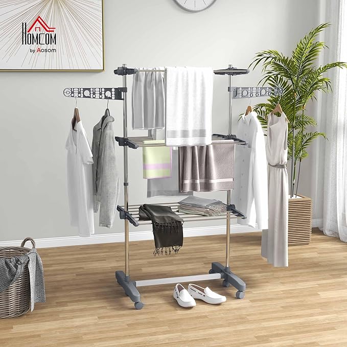 HOMCOM Folding Clothes Airer in Stainless Steel and Plastic, Space-Saving Vertical Drying Rack with 6 Wheels, Hooks and 3 Adjustable Shelves for Indoors, 142 x 55 x 152 cm, Silver Grey