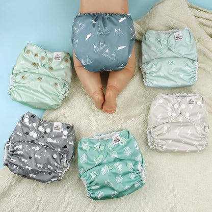 Mama Koala 3.0 Pocket Cloth Diapers for Babies with AWJ Lining, 6 Pack with 6 5-Layer Natural Cloth Diaper Inserts - Reusable and Washable Pocket Diapers(A-The Gray Sky)