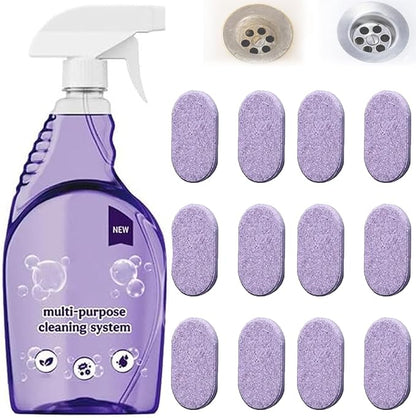 The All-In-One Multi Purpose Cleaning System - Cleaning Spray for Instant Stain Removal, With Concentrated Cleaning Tablets, for Home, Kitchen, Bathroom & More (1 Bottle+12 Pcs)