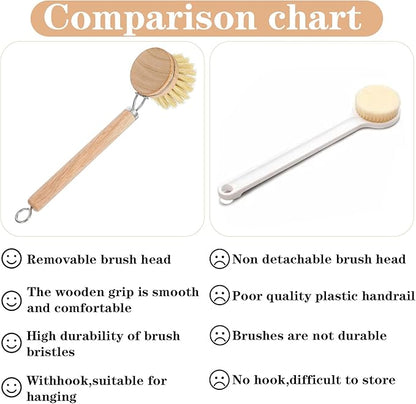Bamboo Dish Brush with Handle, 10 Pcs Replacement Heads Wooden Kitchen Brush for Dishes, Vegetable Brushes Dish Scrubber for Cleaning Kitchen Room Vegetable Pots and Pans