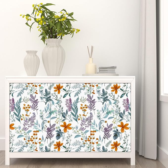 Blue Leaf Wallpaper Peel and Stick,Vintage Purple/Orange Floral Contact Paper 17.5" x 118",Botanical Wall Paper Self Adhesive Removable Waterproof for Room Bedroom Walls Shelves Cabinet Table Decor