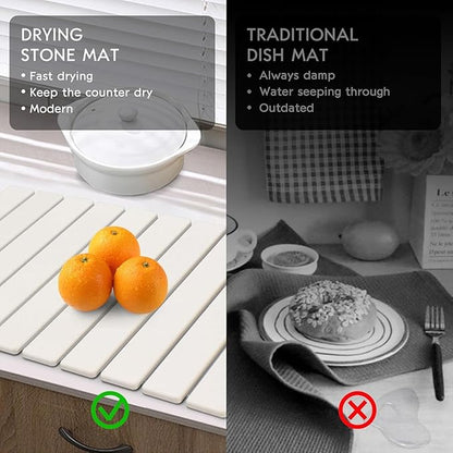 Large Stone Dish Drying Mats for Kitchen Counter, 24"(L)×16"(W), Fast Drying Collapsible Dish Drying Mat, Eco-Friendly Absorbent Diatomaceous Earth Mats for Dishes Bottles Cups, Match Any Countertop