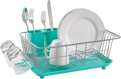 Farberware Compact Dish Drying Rack with Frost Sink Brush, Removable Drainboard and Flatware Caddy, Holds 9 Plates - Teal, Rust-Resistant for Small Kitchens