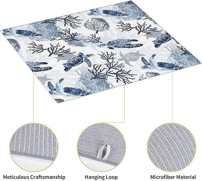Nautical Blue White Sea Turtle & Coral Dish Drying Mats for Kitchen Counter 16 x 18 Inch, Decorative Navy Blue Dishes Pad Dish Drainer Rack Mats, Foldable Microfiber Washable Absorbent, Kitchen Decor