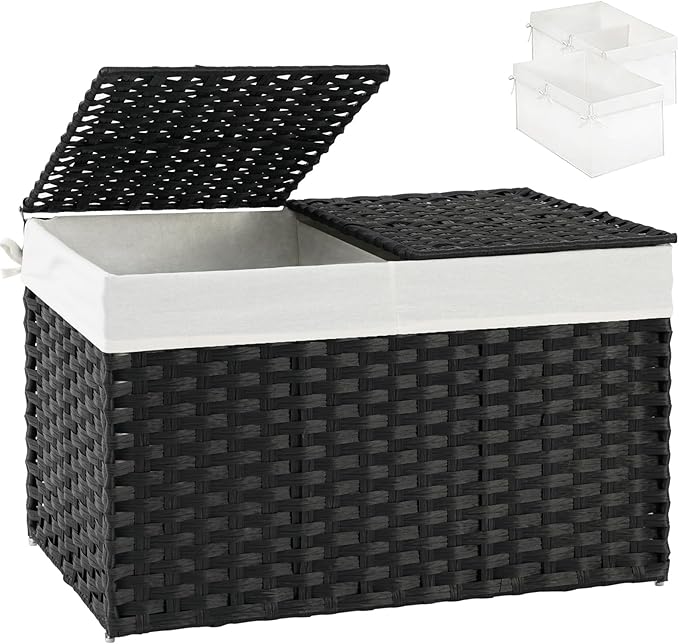 Storage Basket with Lid Wicker Baskets for Storage with 2 Separate Lid 42.3 Gallon (160 L) 29.9 x 17.3 x 18.1 Inches Rattan Woven Large Wicker Basket with 2 Liners for Bedroom Laundry Black
