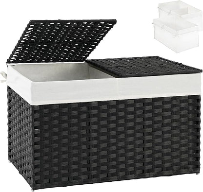 Storage Basket with Lid Wicker Baskets for Storage with 2 Separate Lid 42.3 Gallon (160 L) 29.9 x 17.3 x 18.1 Inches Rattan Woven Large Wicker Basket with 2 Liners for Bedroom Laundry Black