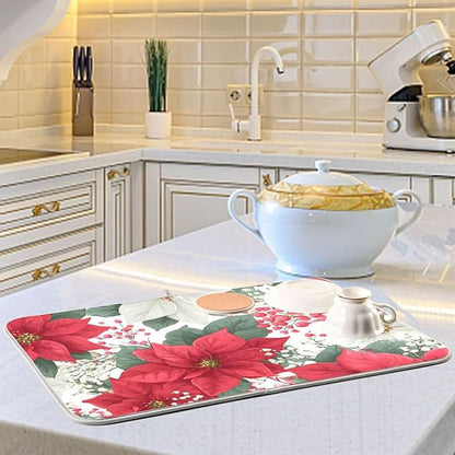 Red Poinsettias and Leaves Dish Drying Mat for Kitchen Counter Super Absorbent Drying Mat 16x18 inch Large Dish Drying Matts for Countertop Protector Dishes Pad