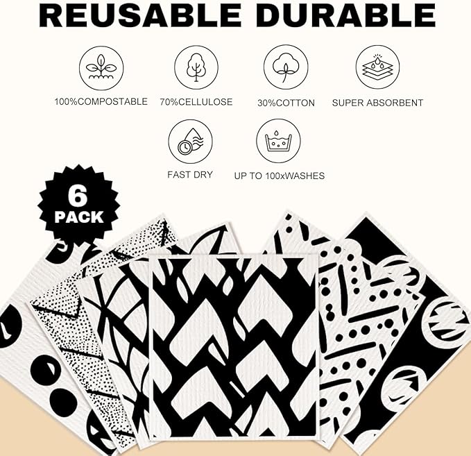 6 Pack Swedish Reusable Kitchen Dishcloths, Black White Geometric Cellulose Sponge Cloths, Washable Absorbent No Odor Eco Towels, Dish Washing Cleaning Supplies