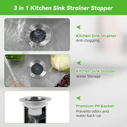 Universal Sink Stopper Strainer Combo, Stainless Steel Drain Stopper Kitchen Sink for US Standard 3-1/2 Inch Kitchen Sink Drain, Mesh Strainer for Food Garbage Disposal, Brushed Nickel
