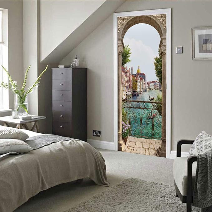 3D Door Stickers Murals - Landscape Peel and Stick Waterproof & Washable Matt Finish Modern Style White 33.9" x 78.7" 2 Pieces