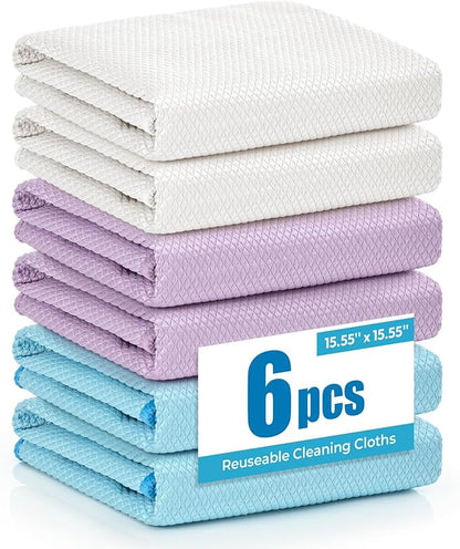 Microfiber Glass Cleaning Cloth 6 Pack, 15.5x15.5 Inch Magic Cleaning Rags, Lint Free Streak Free Reusable Towels for Windows, Mirrors, Cars, Screens, Kitchen and Stainless Steel Surface