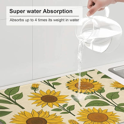 Sunflower Plants Dish Drying Mats for Kitchen Counter, Absorbent Reversible Microfiber Dish Drying Pad, Multi-Use Large Drying Mat Coffee Bar Accessories 18"x24"