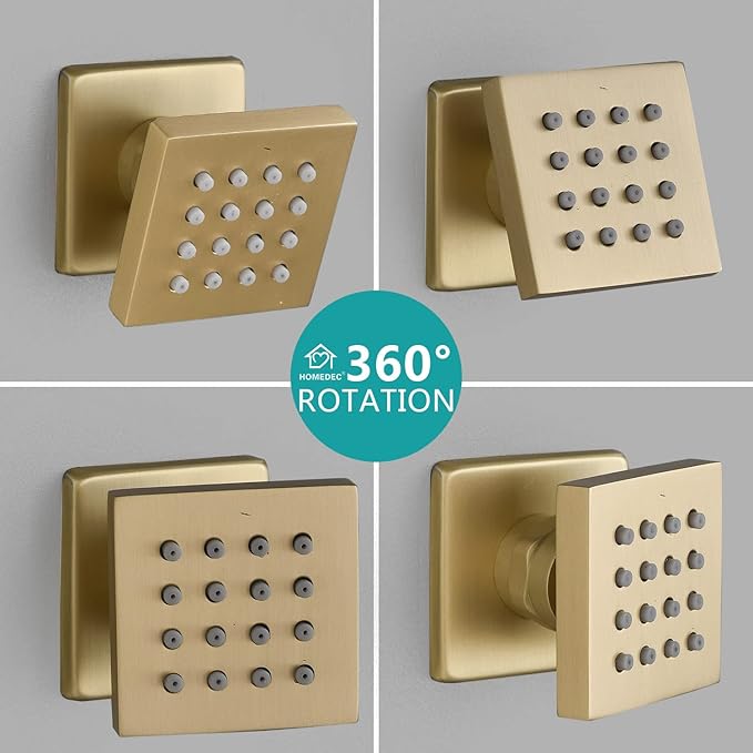 Brushed Gold 4 Pack HOMEDEC 2inch Brass Square Massage Shower Body Sprayer Jets