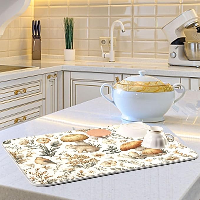 Watercolor Mushrooms Dish Drying Mat Absorbent Kitchen Pads for Counter Kitchen Dish Dryer 16 x 18 Mat under Dish Drainer