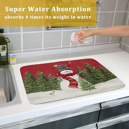 Christmas Dish Drying Mat for Kitchen Counter Red Xmas Snowman Trees Birds Drying Mat 18x24 Inch Winter Holiday Absorbent Dish Drainer Mat Christmas Kitchen Accessories