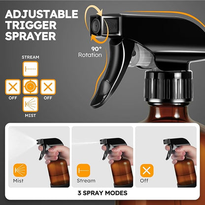 Tecohouse 2 Pack 360° Amber Glass Spray Bottles with Silicone Sleeve, 16 oz Empty Refillable Containers with Adjustable Spray Nozzles, Dark Spray Bottles for Cleaning Solutions, Plants (Black & Brown)