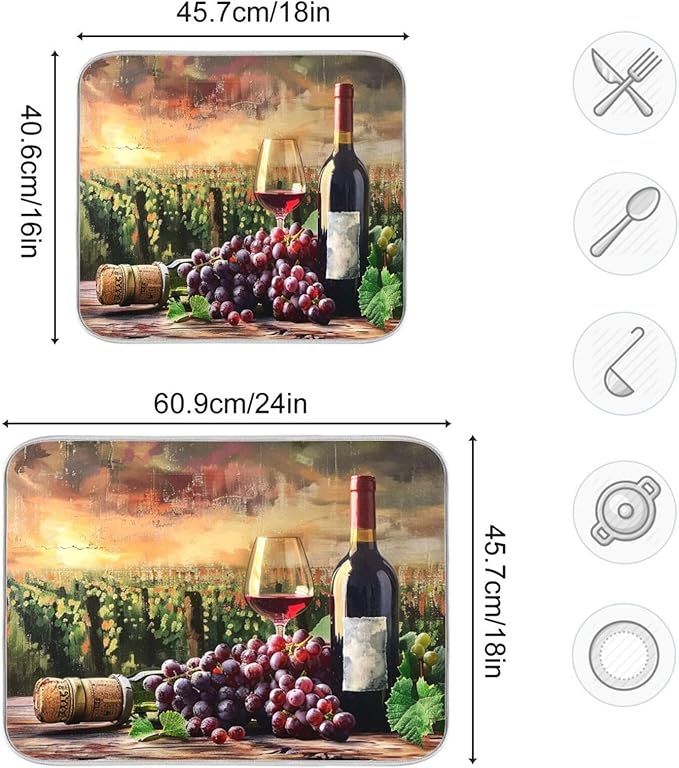 Grapes Wine Glass Bottle Dish Drying Mat for Kitchen Counter Absorbent Microfiber Drying Pad, Large 18x24 in