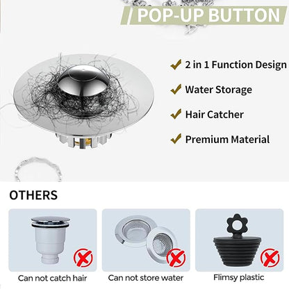 Kitchen Sink Drain Strainer 3 in 1, 304 Stainless Steel Pop Up Sink Stopper, Anti-Clogging Drain Stopper, Strainers for Kitchen, Drain Cover & Kitchen Accessories for US Standard Sink (Shiny Chrome)