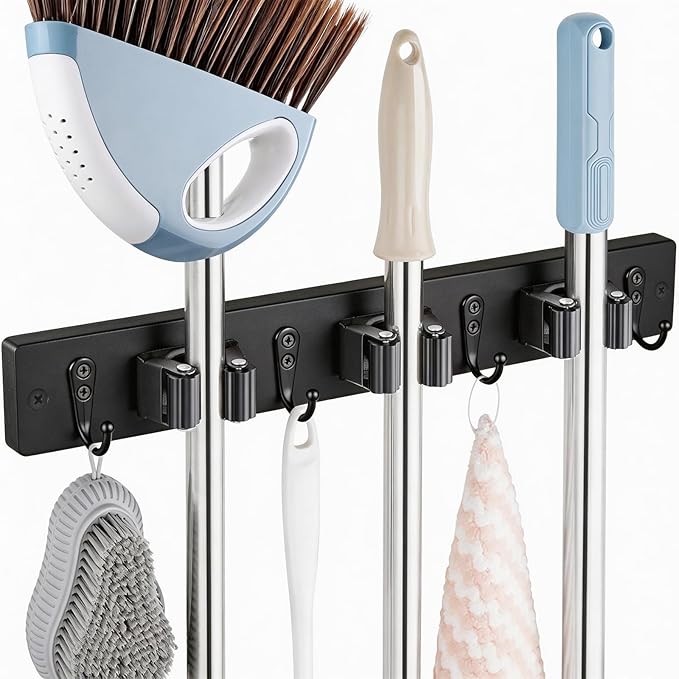 OUTNILI Black Mop Broom Holder Wall Mount with 3 Slots & 4 Hooks - Wood Broom Mop Hanger for Pantry Kitchen Organization - Garden Tool Organizer for Closet Laundry Room