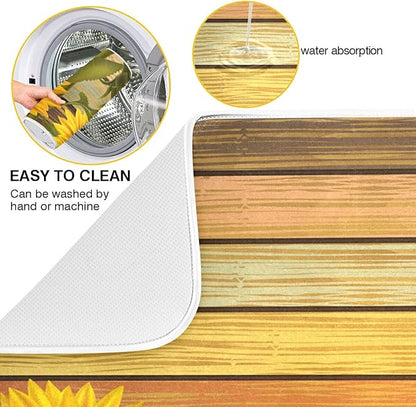 Super Absorbent Dish Drying Mat, Microfiber Fast-Drying Dish Mat, 24" x 18", Kitchen Dish Drying Pad, Sunflower On Wooden Board Vintage