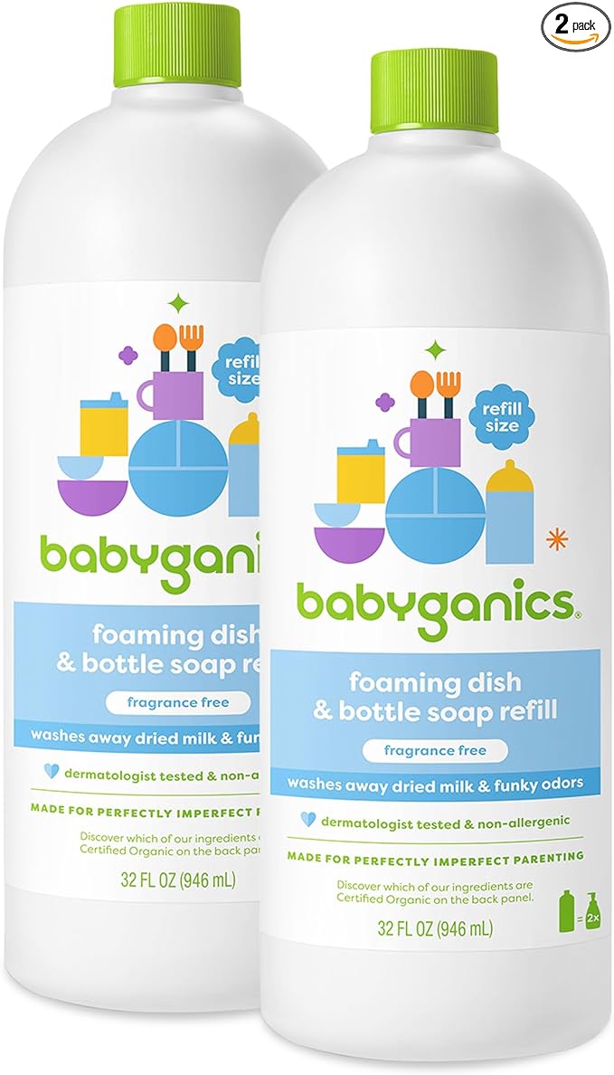Babyganics Foaming Dish & Bottle Soap, Fragrance Free, Removes Dried Milk, 32 Fl Oz (Pack of 2), Packaging May Vary