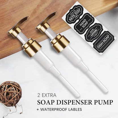 Amolliar Plastic Mason Jar Soap Dispenser with Pump Lid,16OZ Refillable BPA-Free Hand Soap Dispenser Set with Cute Lables - for Kitchen/Bathroom, Liquid Soap, Dish Soap, Lotion (2 Pack, Gold)