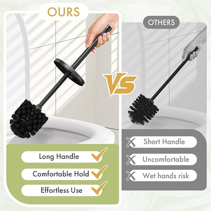 Toilet Bowl Brush and Holder Set 2 Pack with 4 Extra Brush Heads | Extra Long Handle with Splash Guard Cover, Tool-Free Installation, Bathroom Space-Saving, Cleaner Sets for Apartments, RV (Black)