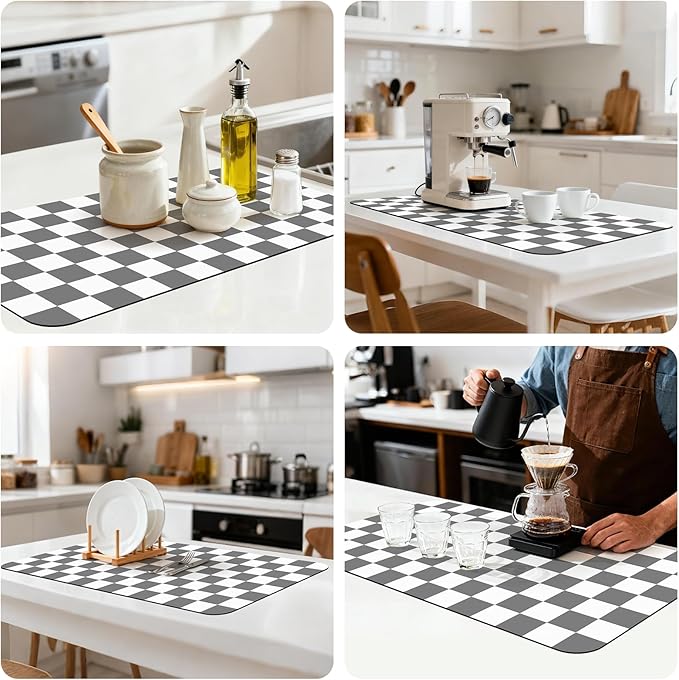 17" x 32" Checkered Dish Drying Mat for Kitchen Counter, Absorbent Coffee Bar Mat for Espresso Machine Coffee Countertops Accessories (Grey)